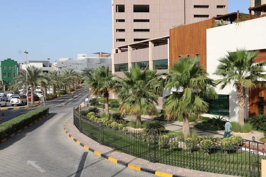 Street-level view of a commercial building featuring roadside landscaping and palm tree installation by Almoayyed Contracting Group.