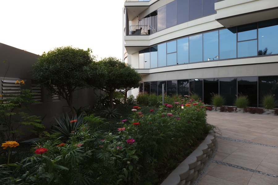 Bespoke garden landscaping and exterior greenery for a commercial building by Almoayyed Contracting Group.