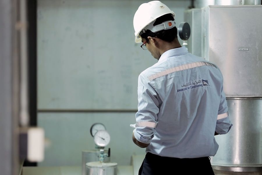 Technical inspection of MEP installations by an Almoayyed Contracting Group professional.