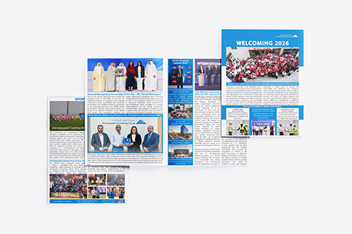 Collage of Almoayyed Contracting Group construction projects and corporate achievement highlights.
